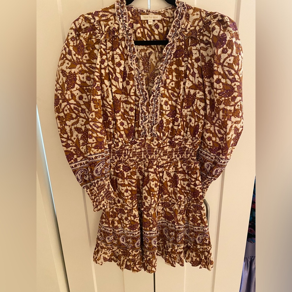 Boho Ruffle V-Neck Mini Dress in Brown and Cream